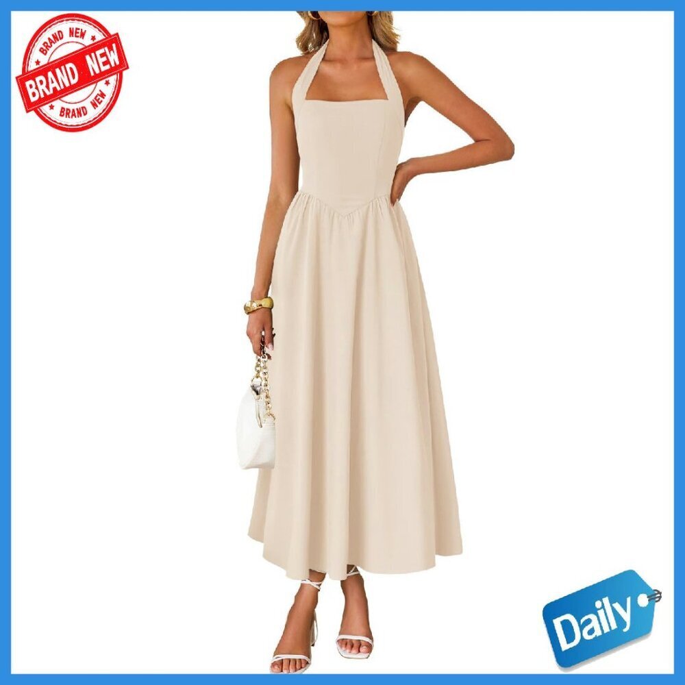 Sleeveless Halter Midi Dress High Waist Flowy Backless Off Shoulder